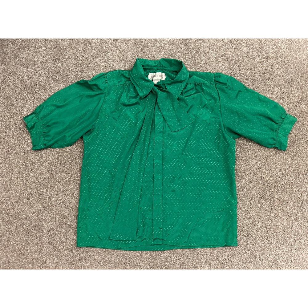 Josephine Pussybow Blouse Womens 8 Green Excellent Vintage Jacquard Short Sleeve
